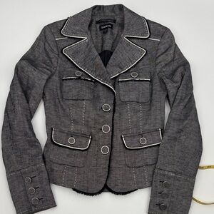 Bebe Vintage Black Blazer With White Piped Trim & Black Fringe Size 4